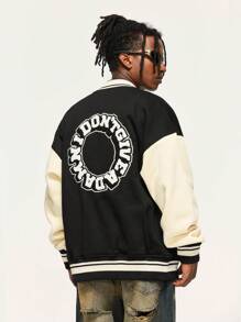 男士撞色標語圖案學院風夾克 - 黑色 - 查看 4