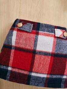 Young Girl Mock Neck Tee & Plaid Print Skirt & Hat - Red - View 4