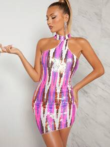 Hauture Open Back Halter Sequin Bodycon Dress - Multicolor - View 6