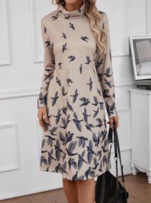 EMERY ROSE Bird Print Funnel Neck Dress - Multicolor - View 3