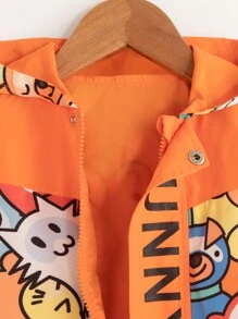 Young Boy Letter & Cartoon Graphic Hooded Coat - Orange - View 4