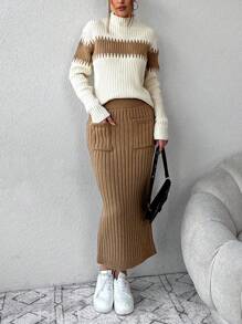 EURMUSE Color Block Mock Neck Sweater & Knit Skirt - Multicolor - View 6