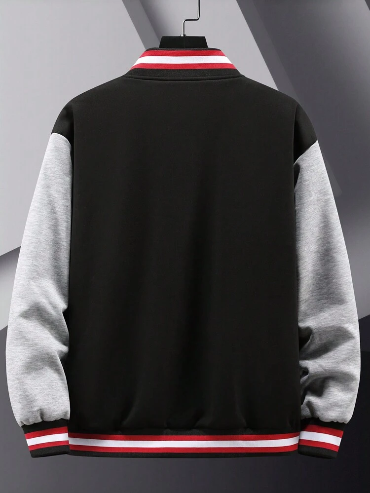 Men's Super Oversized Varsity Jacket With Letter Print, Striped Trim And Drop Shoulder