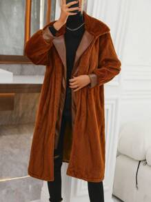 SHEIN Unity Lapel Neck Drop Shoulder Fuzzy Coat