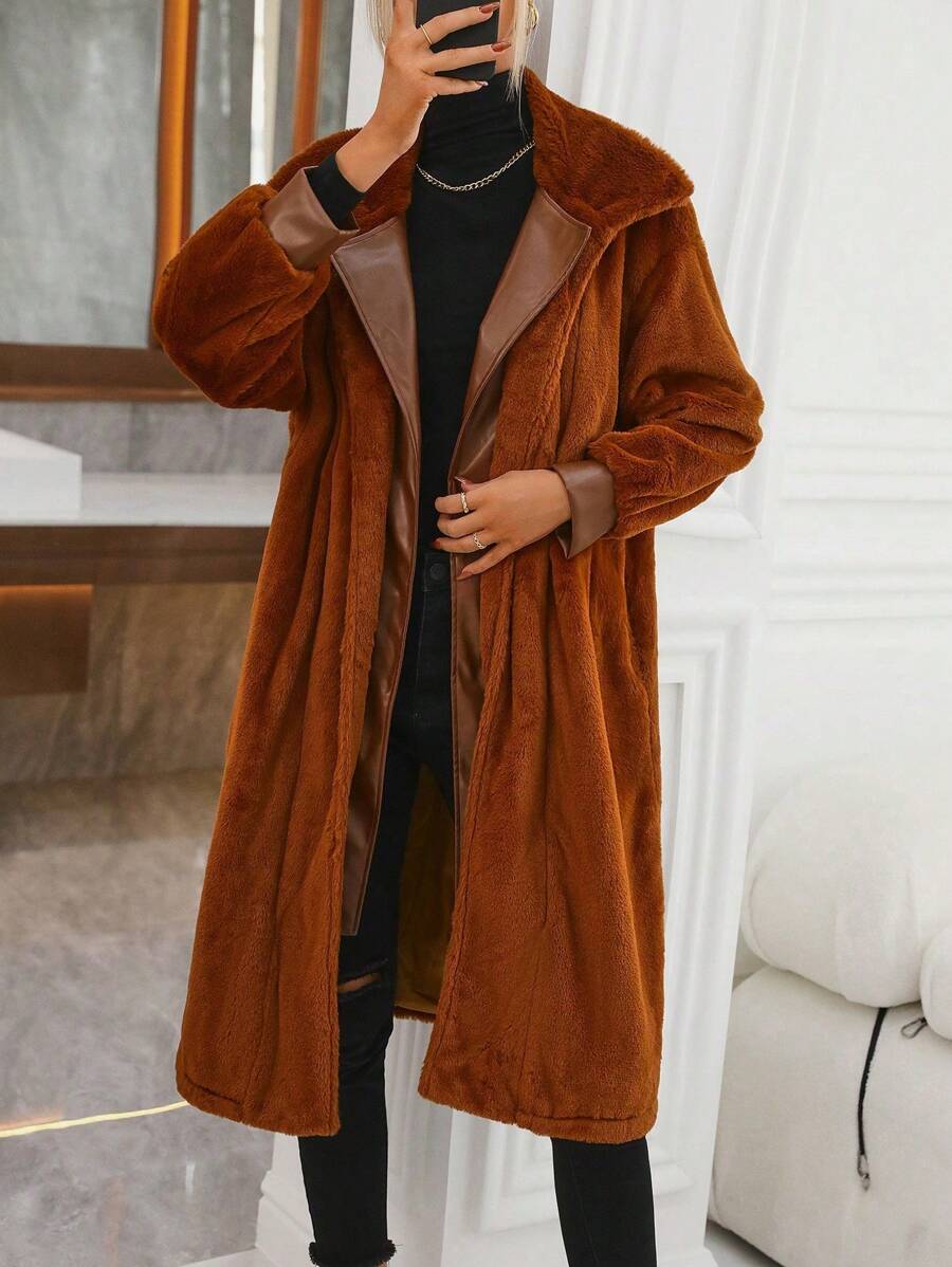 SHEIN Unity Lapel Neck Drop Shoulder Fuzzy Coat