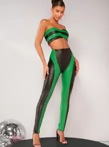 Hauture 拼色 PU 皮革上衣和裤子两件套 - 彩色 - 查看 5