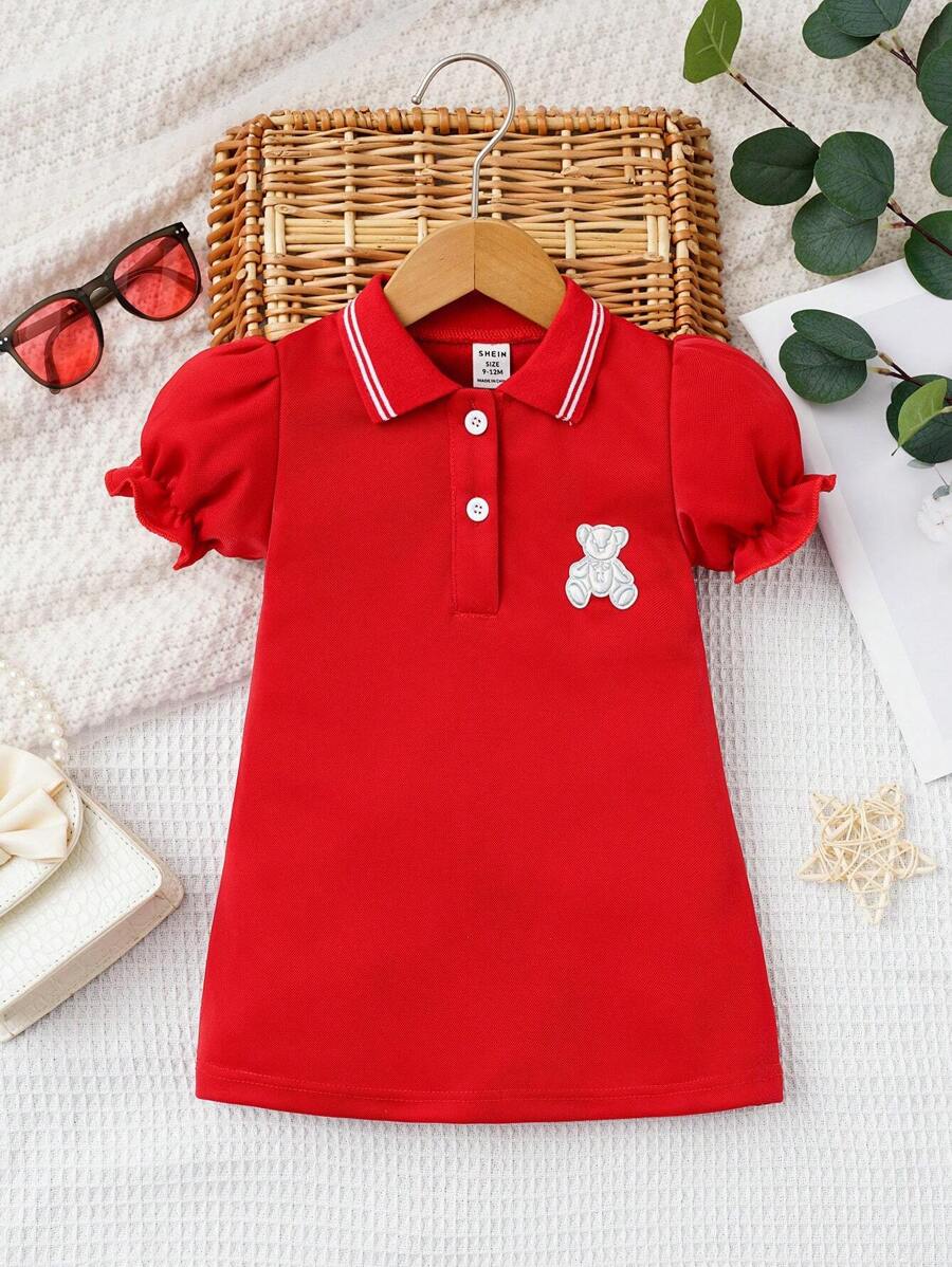 SHEIN Váy cổ yếm có cổ tay phồng cho bé gái mùa hè thường ngày gấu đính liền - Đỏ - Xem 1
