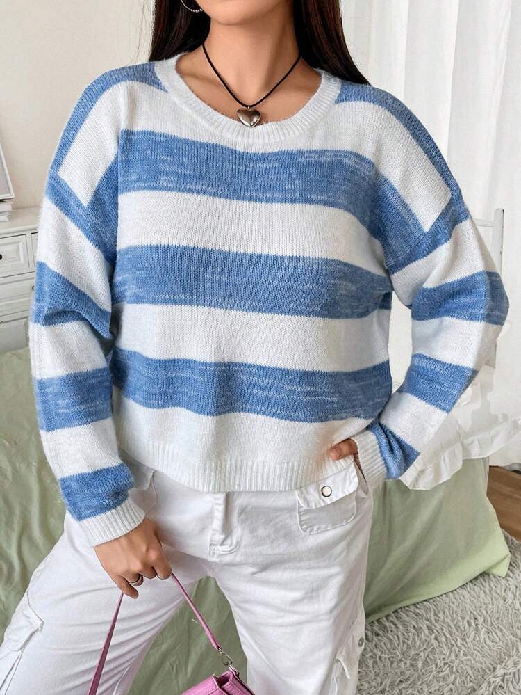 Plus Striped Pattern Drop Shoulder Sweater Knit Pullover Fall Winter Sweater