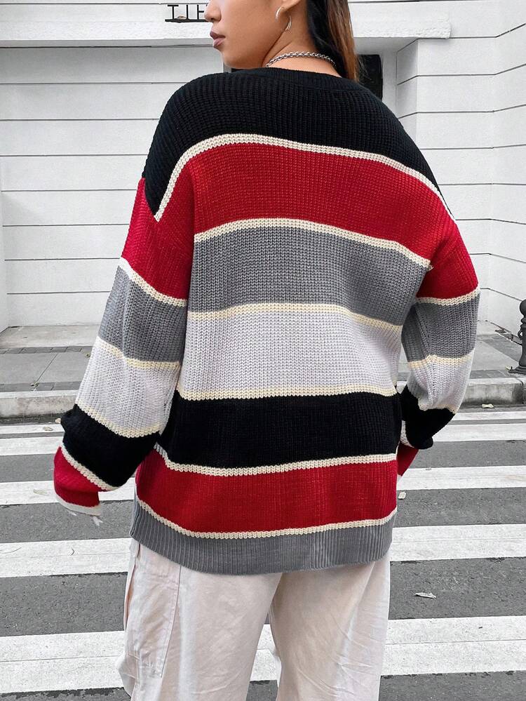 Plus Color Block Drop Shoulder Sweater Knit Pullover Fall Winter Sweater