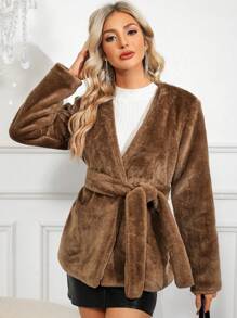 SHEIN Clasi Solid Belted Fuzzy Coat - Khaki - View 3