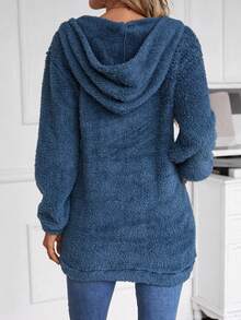 EMERY ROSE Một nửa khóa kéo Túi kangaroo Thả vai Flannel Hoodie - Màu xanh lam - Xem 4