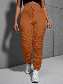 SHEIN Slayr Solid Drawstring Waist Ruched Pants - Burnt Orange - View 1