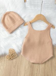 男嬰半排扣套頭毛衣連身背心&帽 - 杏色 - 查看 2