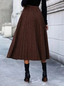 SHEIN Essnce 素色百褶半身裙 - 咖啡棕 - 查看 2
