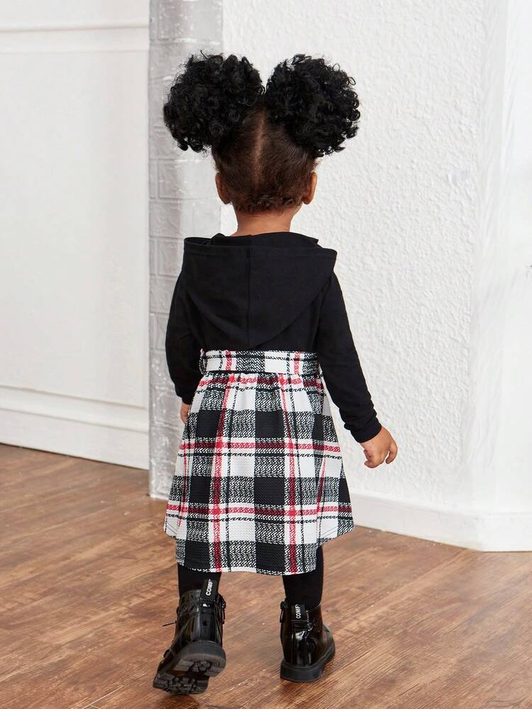 Baby Girl Plaid Print Belted Hooded 2 In 1 Dress