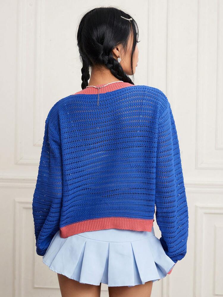 Floral Pattern Contrast Trim Drop Shoulder Sweater