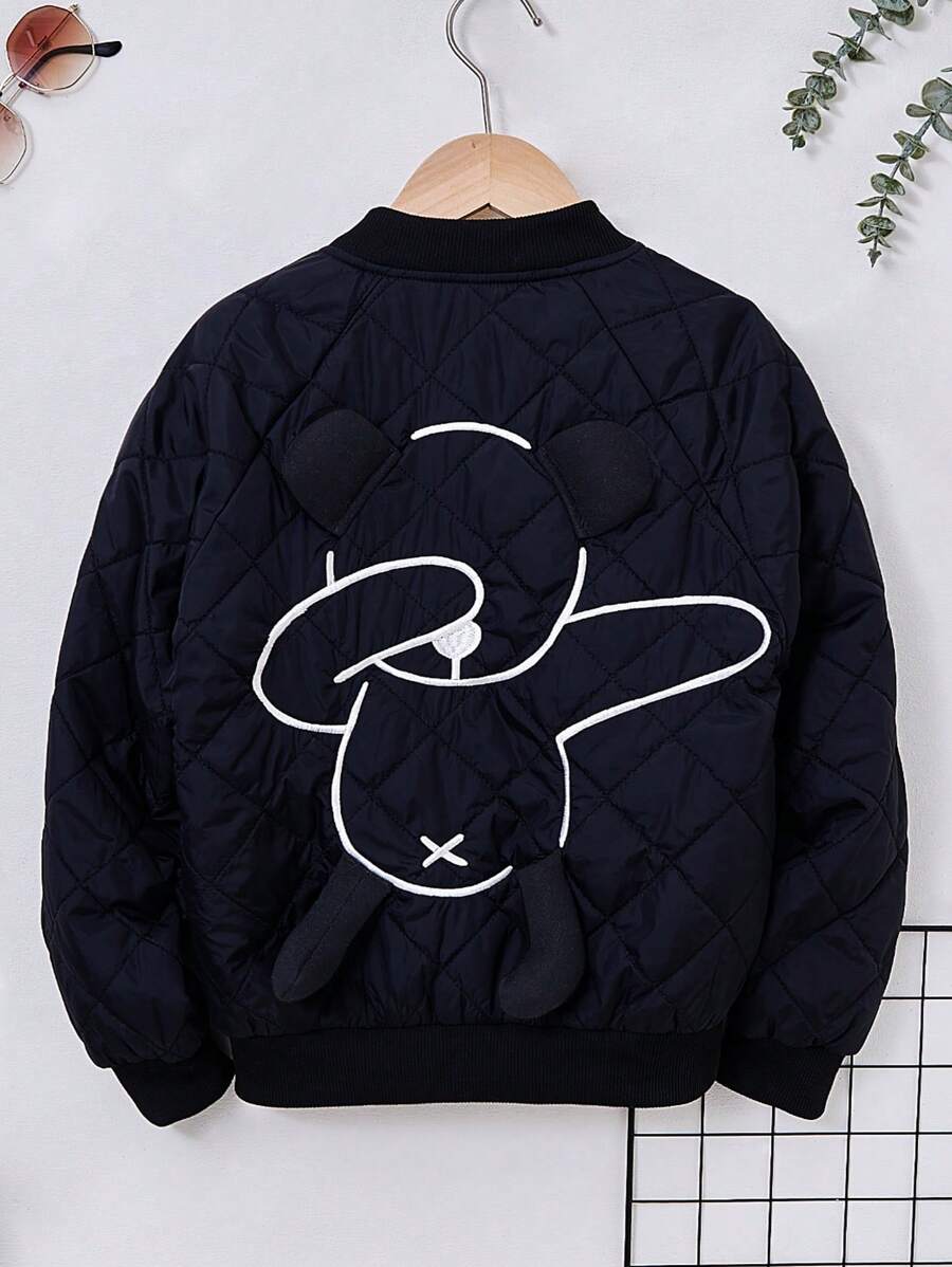 SHEIN Tween Girl Zip Up Quilted Bomber Jacket - Black - View 1