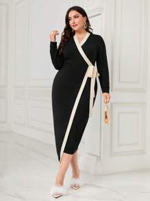 Modelyn 大碼拼接邊側打結毛衣洋裝 - 彩色 - 查看 6