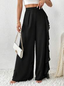 Firerie 蕾絲拼接荷葉邊闊腿褲 - 黑色 - 查看 4