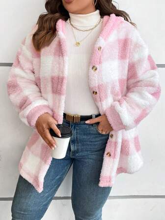 SHEIN CURVE+ Plus Size Casual Plaid Pattern Fleece Hooded Jacket, Autumn/Winter Fall Cloth For Women