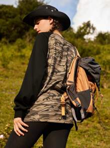 In My Nature 迷彩印花插肩袖戶外T恤 - 軍綠色 - 查看 4