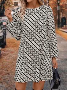 SHEIN LUNE 印花灯笼袖束腰连衣裙，休闲款 - 卡其色 - 查看 4