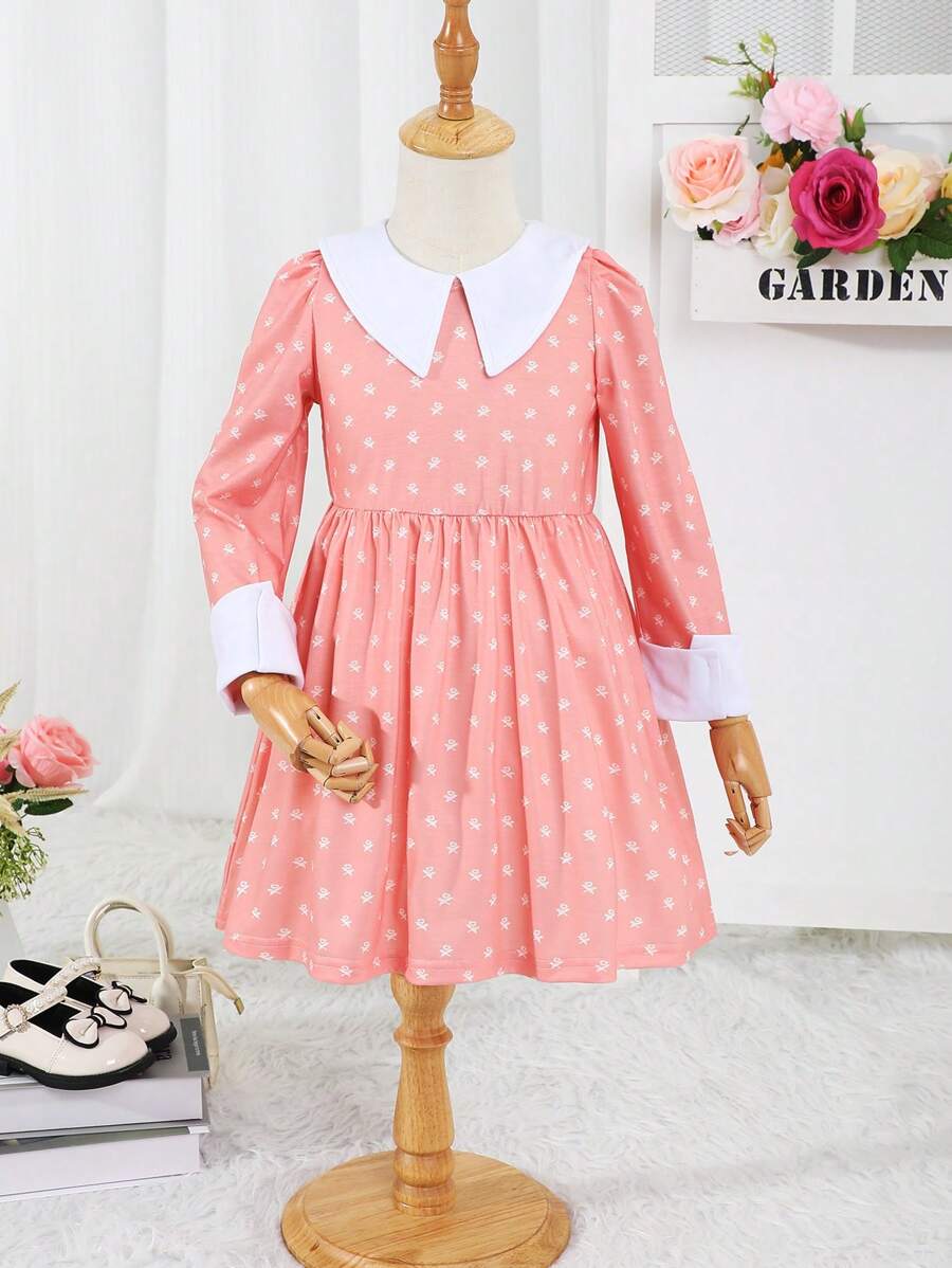 SHEIN Young Girl Polka Dot Print Contrast Collar Dress - Pink - View 1