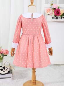 SHEIN Young Girl Polka Dot Print Contrast Collar Dress - Pink - View 2