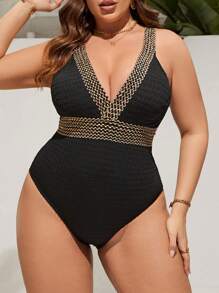 Swim Lushoire Talla grande Bañador una pieza con diseño de puntada panel con cinta de cuello profundo