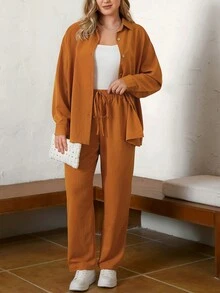 SHEIN LUNE 大碼落肩袖襯衫&腰部抽繩長褲 - 橘色 - 查看 4