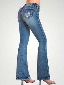 Flare Leg Jeans - Blue - View 3