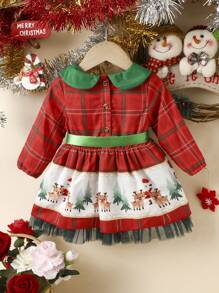 Baby Girl Christmas Print Peter Pan Collar Contrast Mesh Hem Belted Dress - Multicolor - View 2
