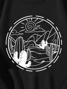 SHEIN EZwear 山和仙人掌圖案加絨內裏運動衫 - 黑色 - 查看 3