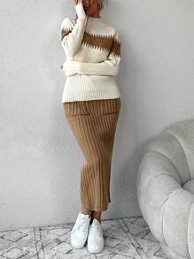 EURMUSE Color Block Mock Neck Sweater & Knit Skirt - Multicolor - View 4