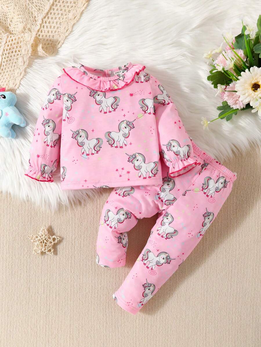 Baby Girl Unicorn Print Ruffle Trim Flounce Sleeve PJ Set - Multicolor - View 1