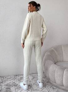 EURMUSE Cable Knit Drop Shoulder Sweater & Drawstring Waist Knit Pants - Beige - View 2