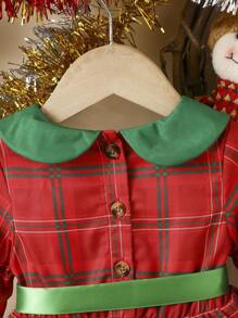 Baby Girl Christmas Print Peter Pan Collar Contrast Mesh Hem Belted Dress - Multicolor - View 7