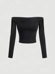 SHEIN MOD Off Shoulder Ruched Tee - Black - View 1