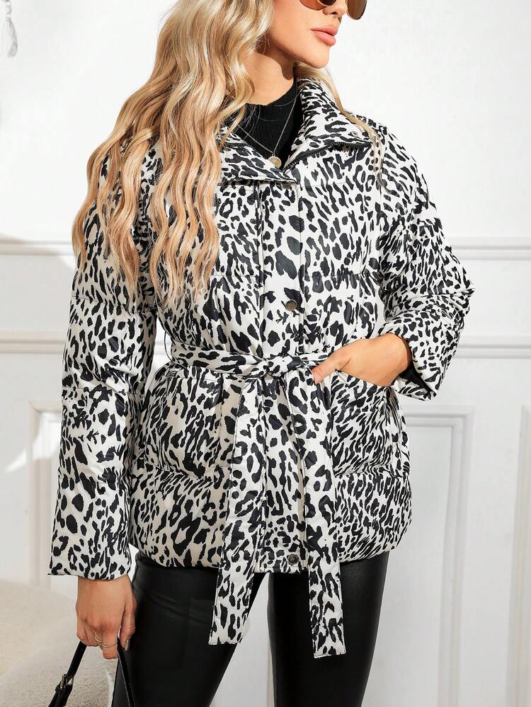 Leopard Print Belted Padded Coat