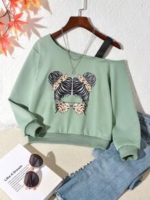 SHEIN Tween Girl Figure Graphic Asymmetrical Neck Sweatshirt - Army Green - View 1