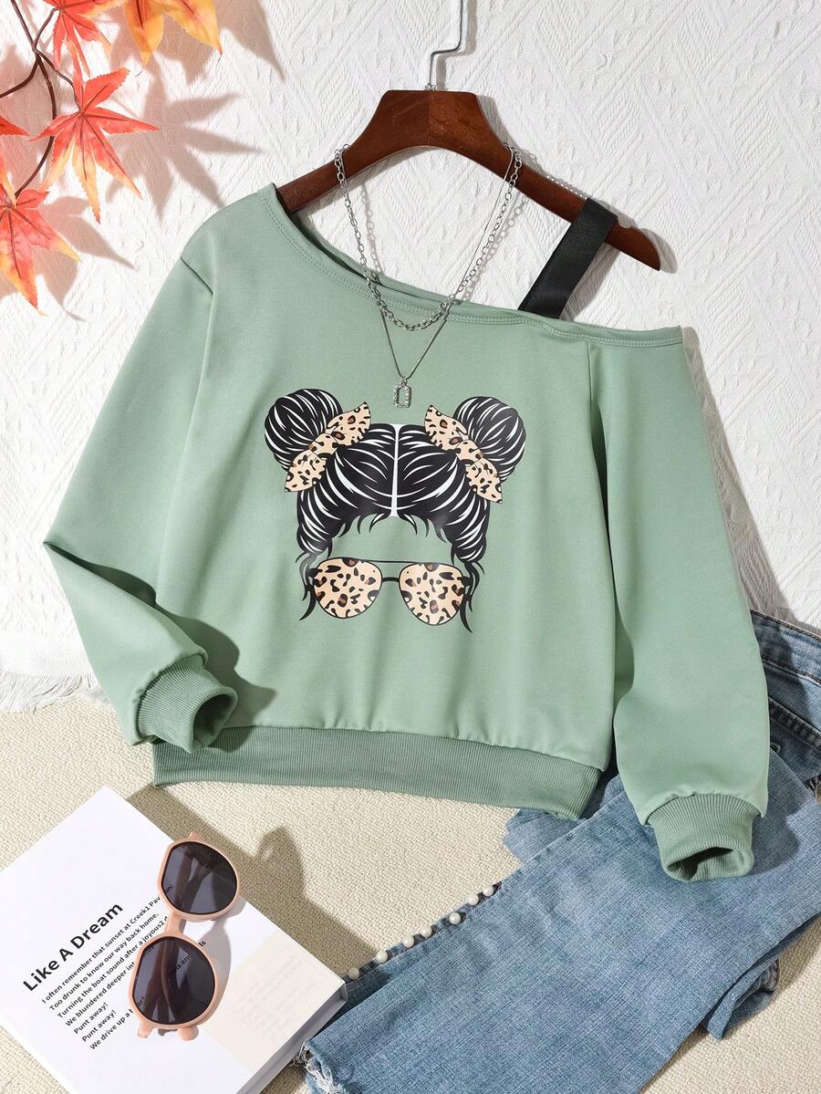 SHEIN Tween Girl Figure Graphic Asymmetrical Neck Sweatshirt - Army Green - View 1