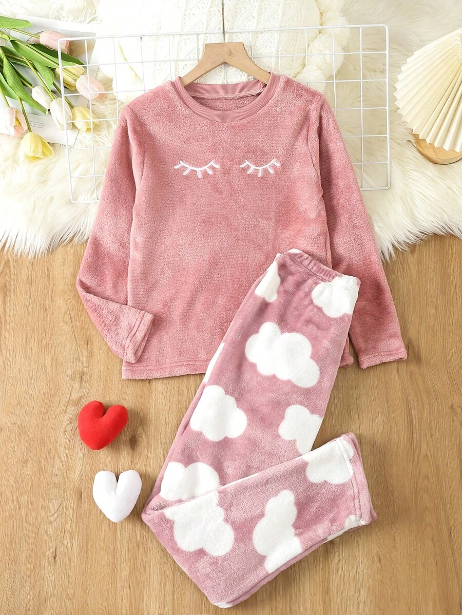 女大童睫毛刺繡法蘭絨上衣&雲朵圖案長褲睡衣套裝