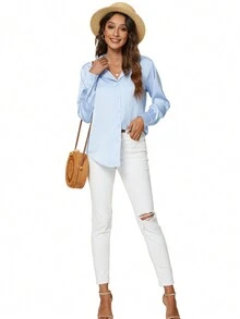 Chất rắn Nút phía trước Xa ten Áo sơ mi - Màu xanh nhạt - Xem 3