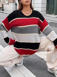 Flirla Plus Color Block Drop Shoulder Sweater Knit Pullover Fall Winter Sweater - Multicolor - View 4