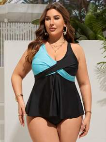 Swim Lushoire Plus Color Block Twist Front Tankini - Multicolor - View 1