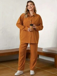 SHEIN LUNE 大碼落肩袖襯衫&腰部抽繩長褲 - 橘色 - 查看 3