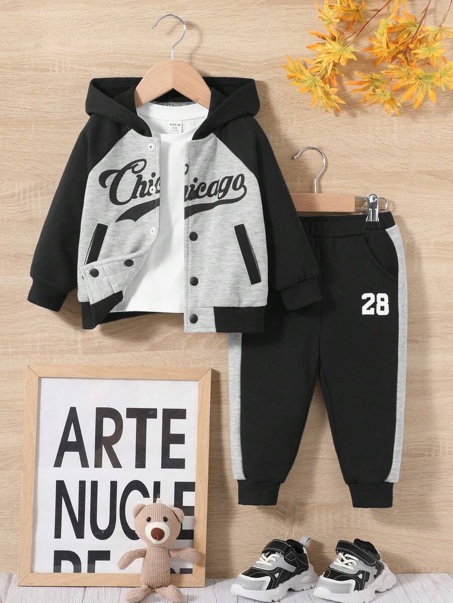 SHEIN Bộ 2 chiếc/Bộ Unisex Baby Letter Graphic Raglan Sleeve Contrast Hoodie Sweatshirt and Pants, Dày và có lót nhiệt - màu đen - Xem 1