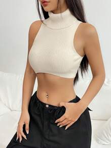 SHEIN EZwear 高領短款背心針織上衣 - 杏色 - 查看 4