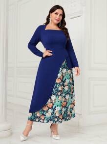 Modelyn Plus Floral Print Square Neck Arabian Dress - Blue - View 5
