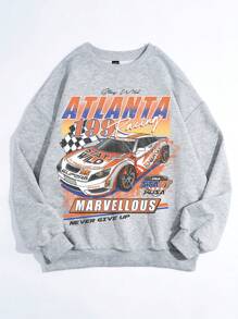 SHEIN EZwear Europe And America Style Loose Fit Round Neck Women's Sweatshirt With Racing Print - Light Grey - View 6